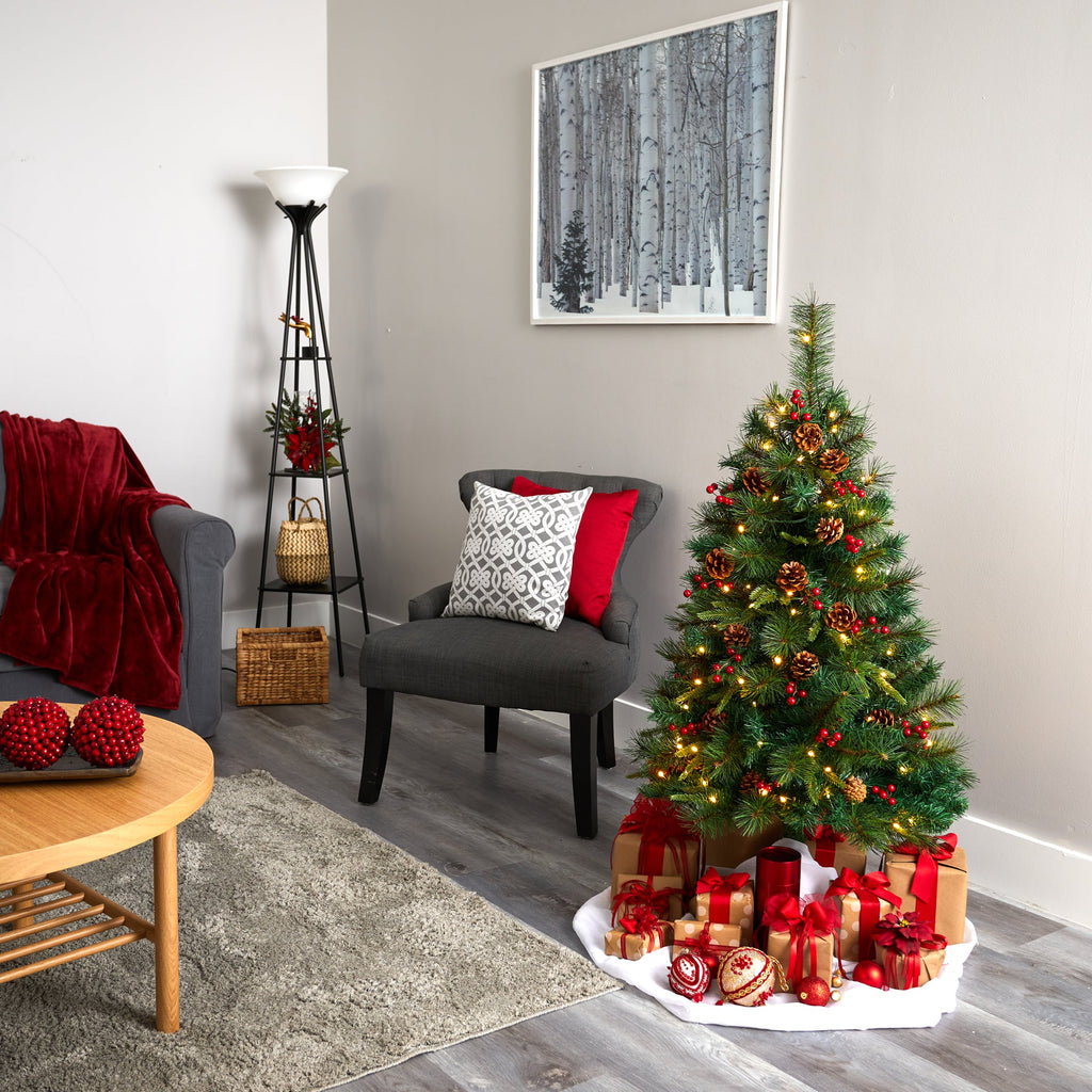 4' Mixed Pine Artificial Christmas Tree w/ 100 Clear LED Lights, Pine Cones