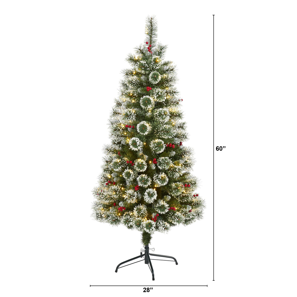5' Frosted Swiss Pine Artificial Christmas Tree w/ 200 Clear LED Lights & Berrie