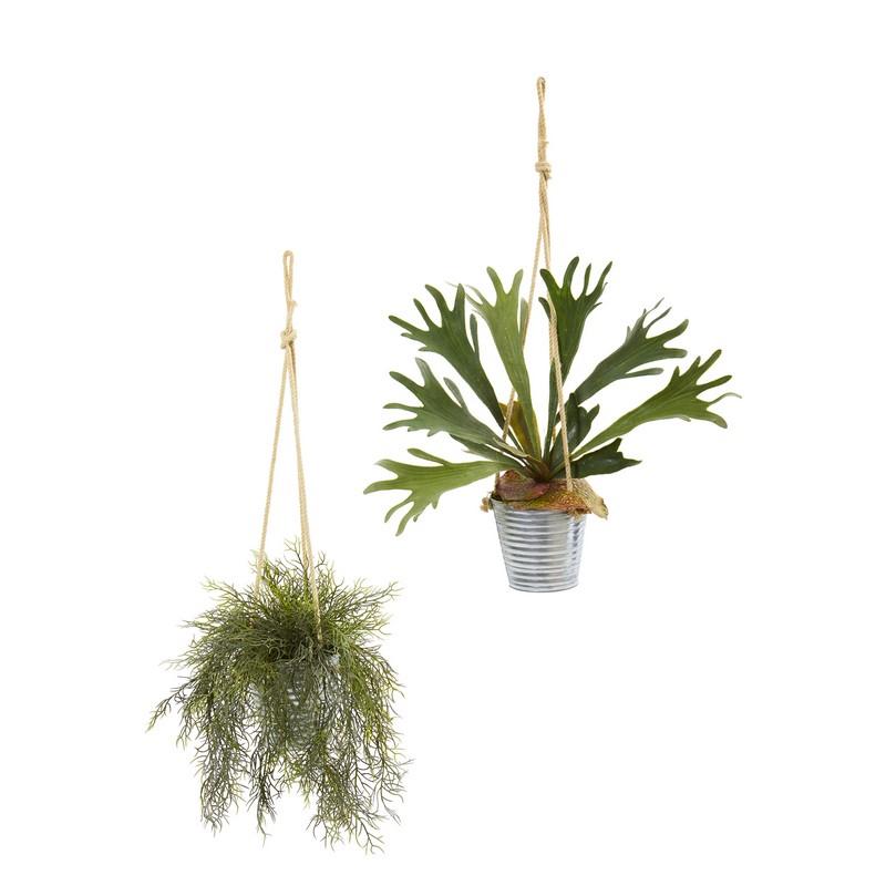 27"  Tillandsia Moss and Staghorn Artificial Plant in Hanging Bucket (Set of 2)