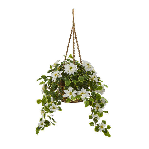 3.5' Poinsettia and Variegated Holly Artificial Plant in Hanging Basket