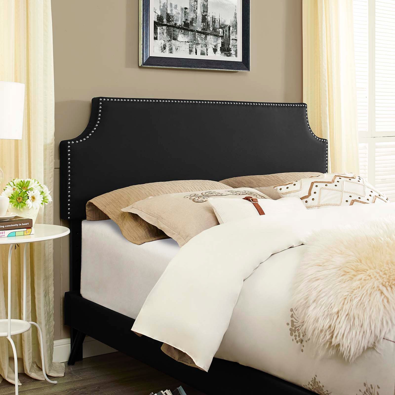 Corene Queen Vinyl Platform Bed with Round Splayed