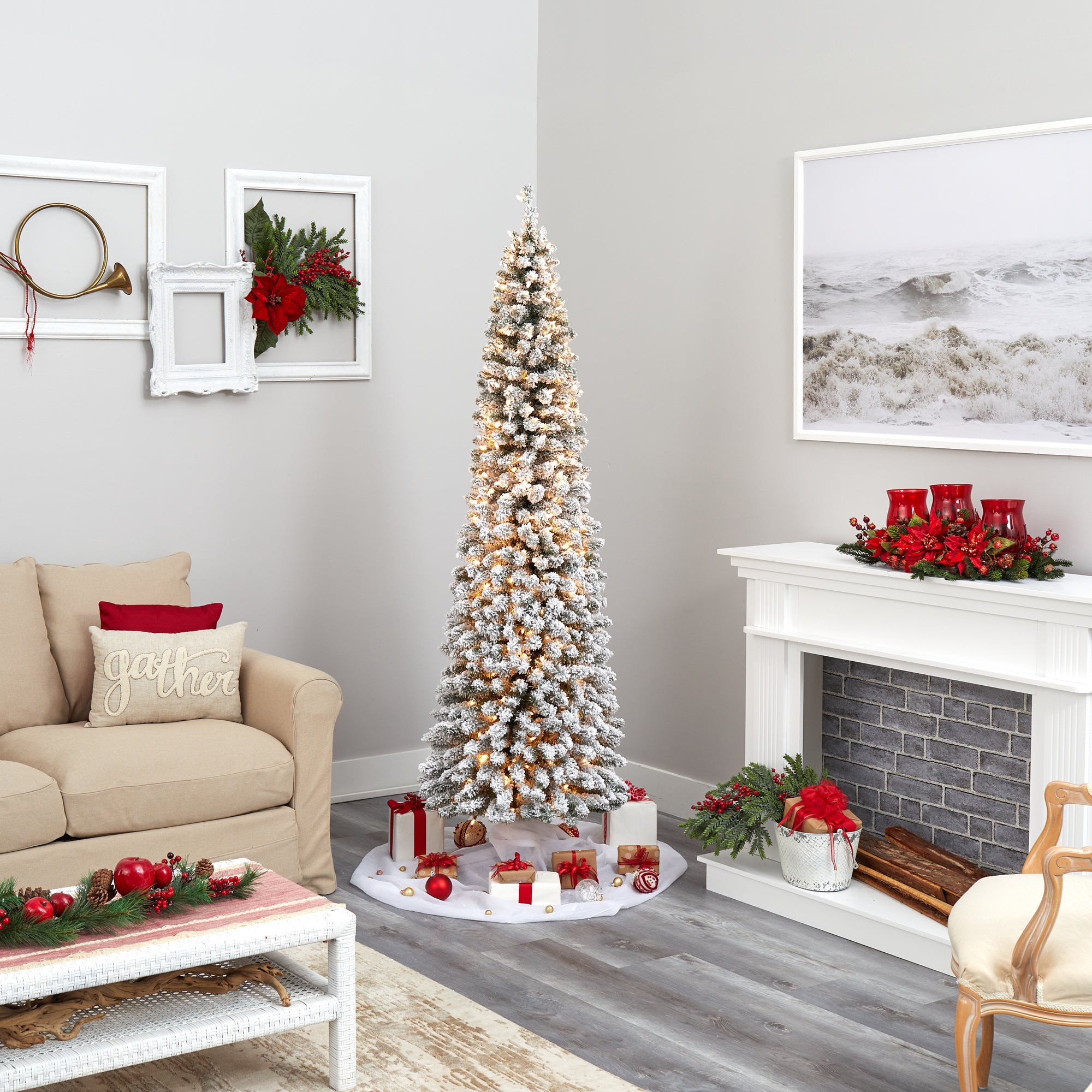 7' Flocked Pencil Artificial Christmas Tree w/ 400 Clear Lights & 574 Bendable
