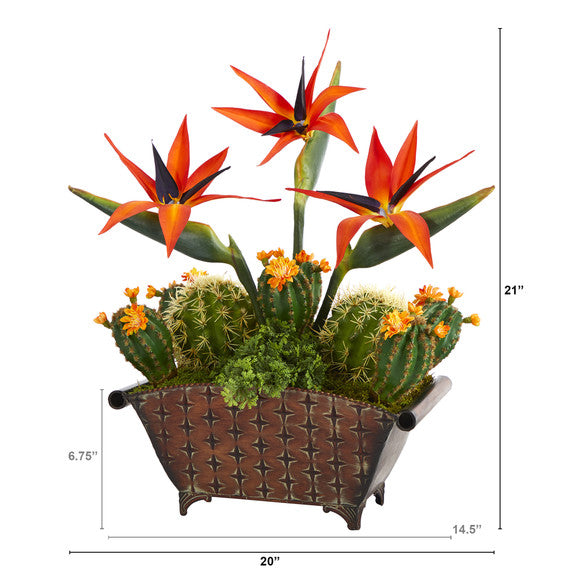21" Bird of Paradise and Cactus Artificial Plant in Metal Planter