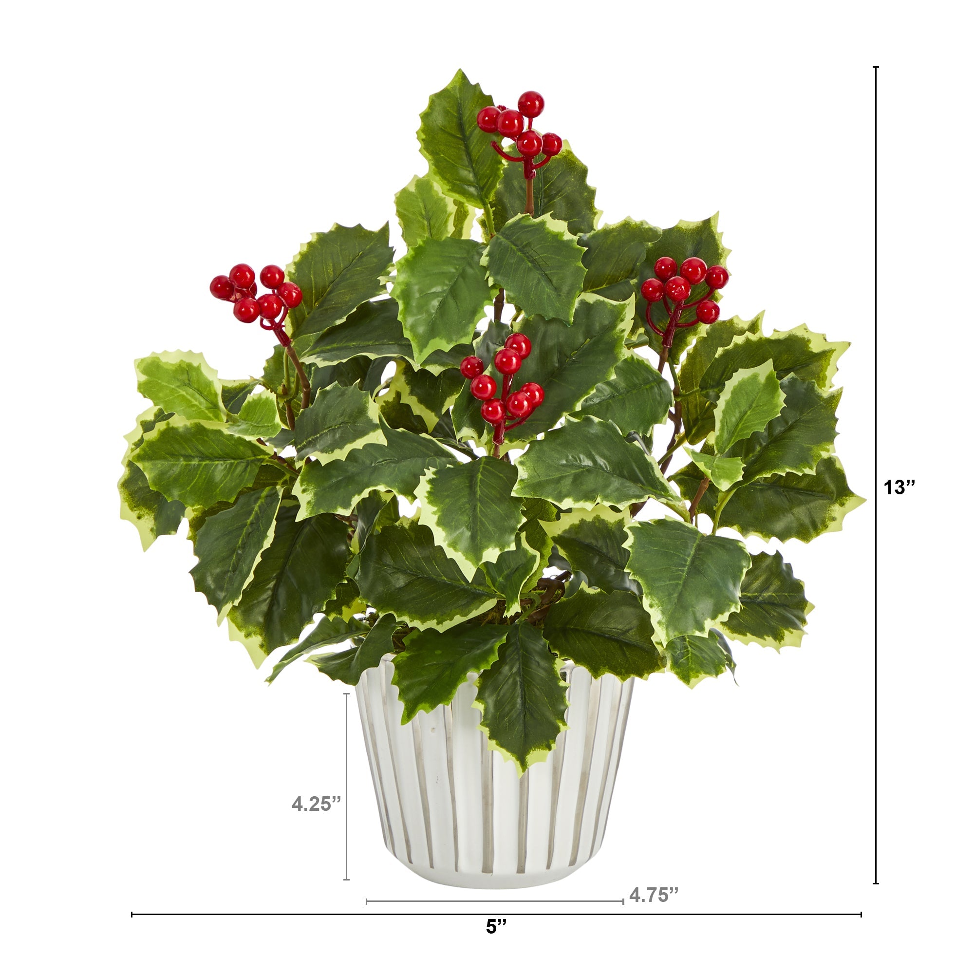 13" Variegated Holly Leaf Artificial Plant in White Planter w/ Silver Trimming