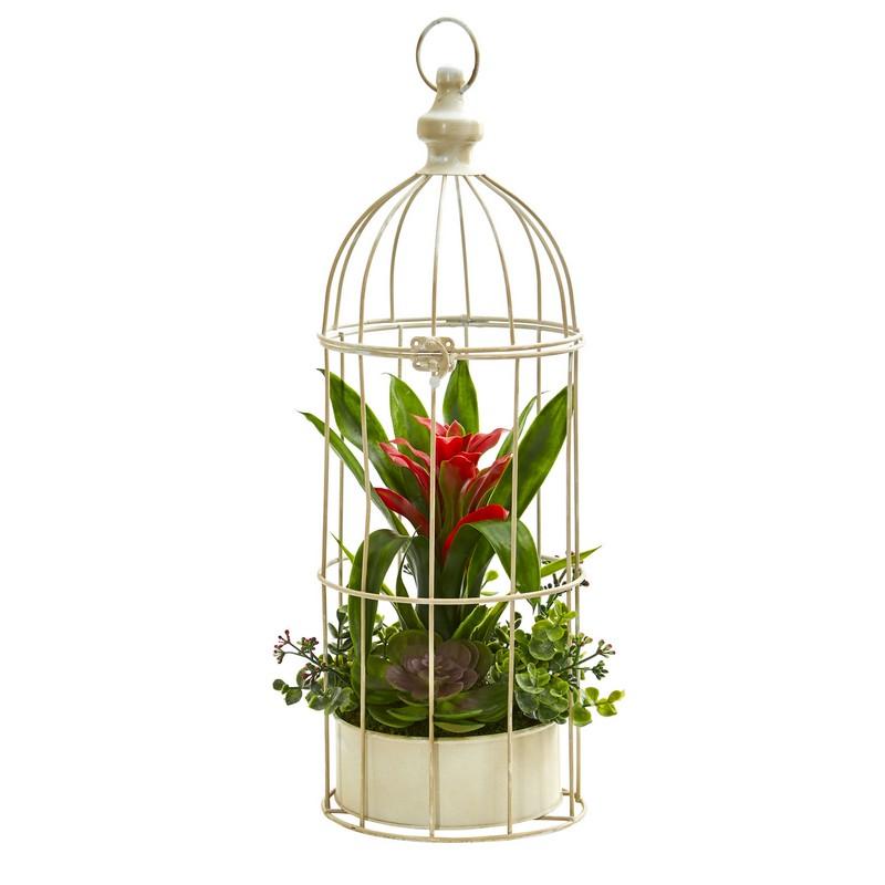 19"  Bromeliad & Succulent Artificial Arrangement in Bird Cage