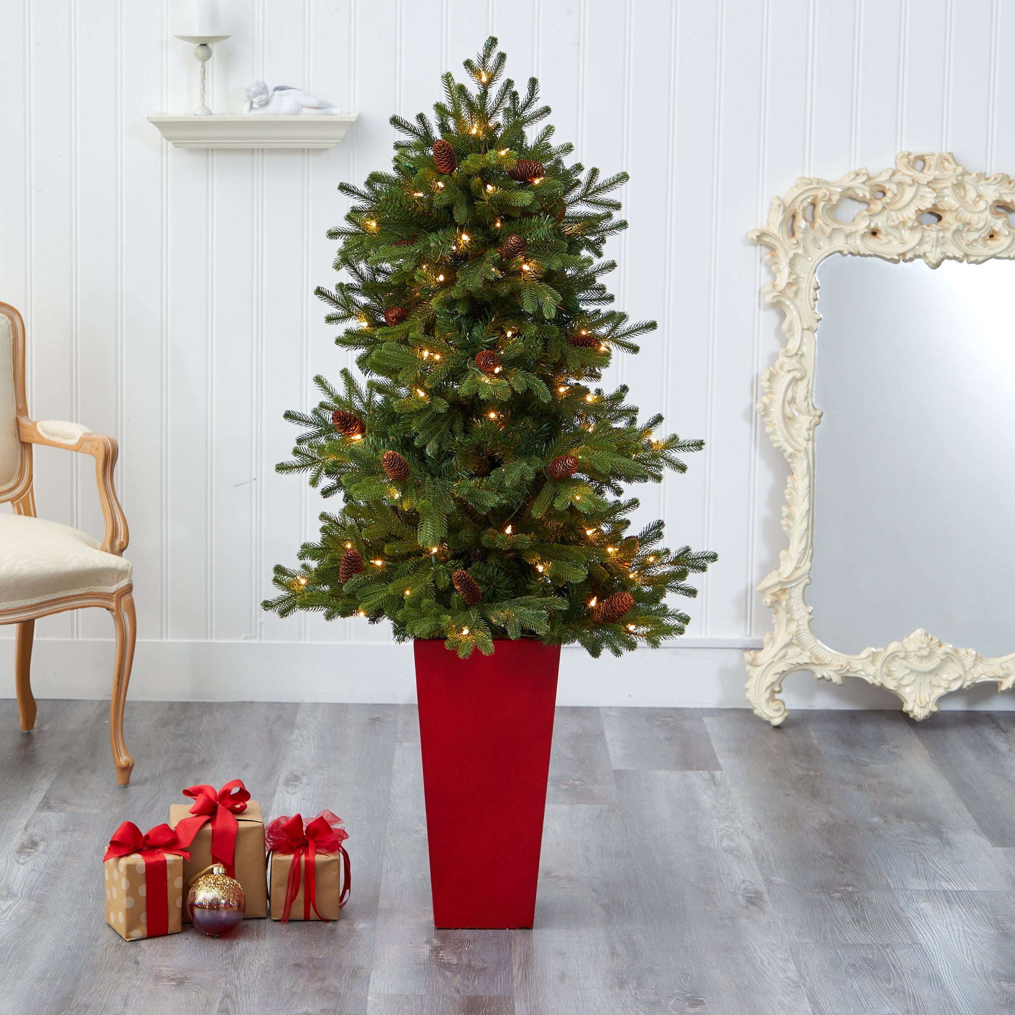 56' Yukon Mountain Fir Artificial Christmas Tree w/ 100 Clear Lights, Pine Cones