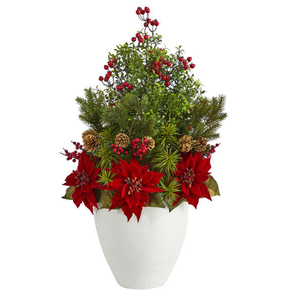 32" Poinsettia, Boxwood and Succulent Artificial Arrangement in White Vase
