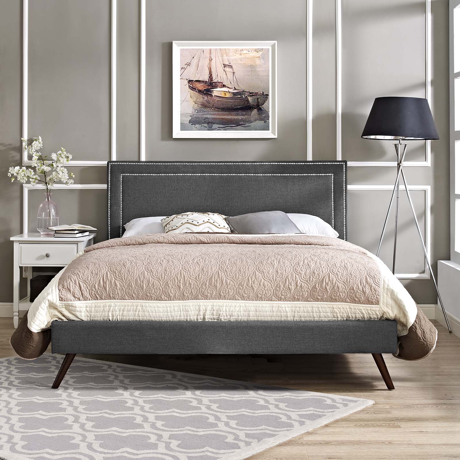 Virginia Fabric Queen Platform Bed with Round Splayed Legs by Modway