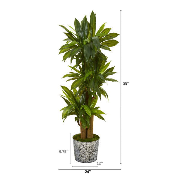 58" Corn Stalk Dracaena Artificial Plant in Black Embossed Tin Planter