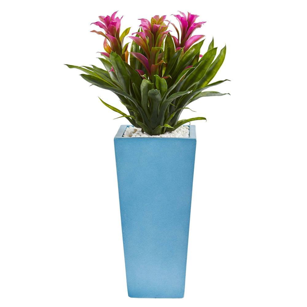 26" Triple Bromeliad Artificial Plant in Turquoise Tower Vase