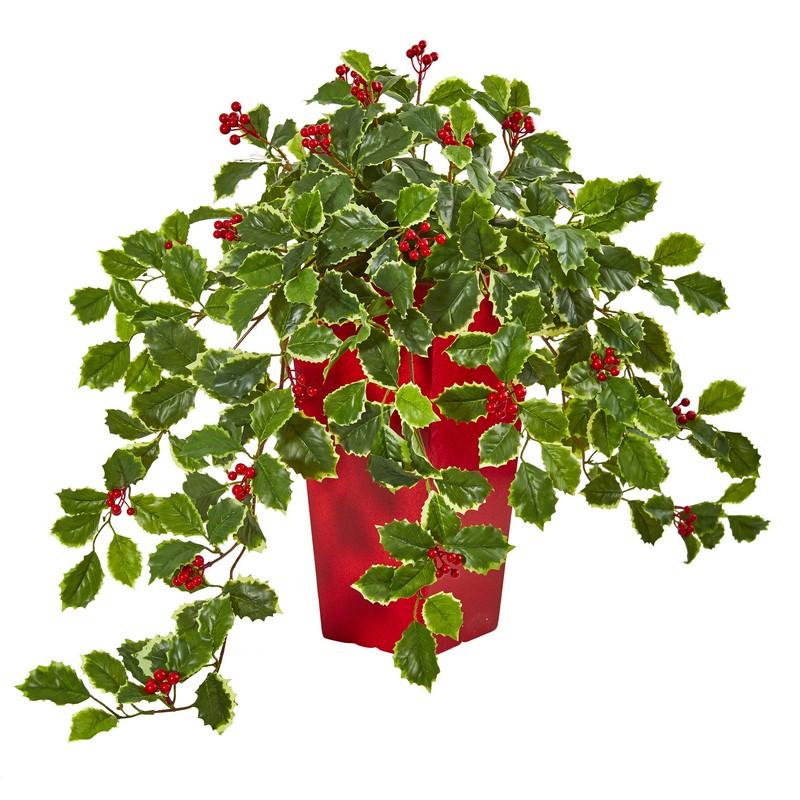 23"  Variegated Holly with Berries Artificial Plant in Red Planter (Real Touch)