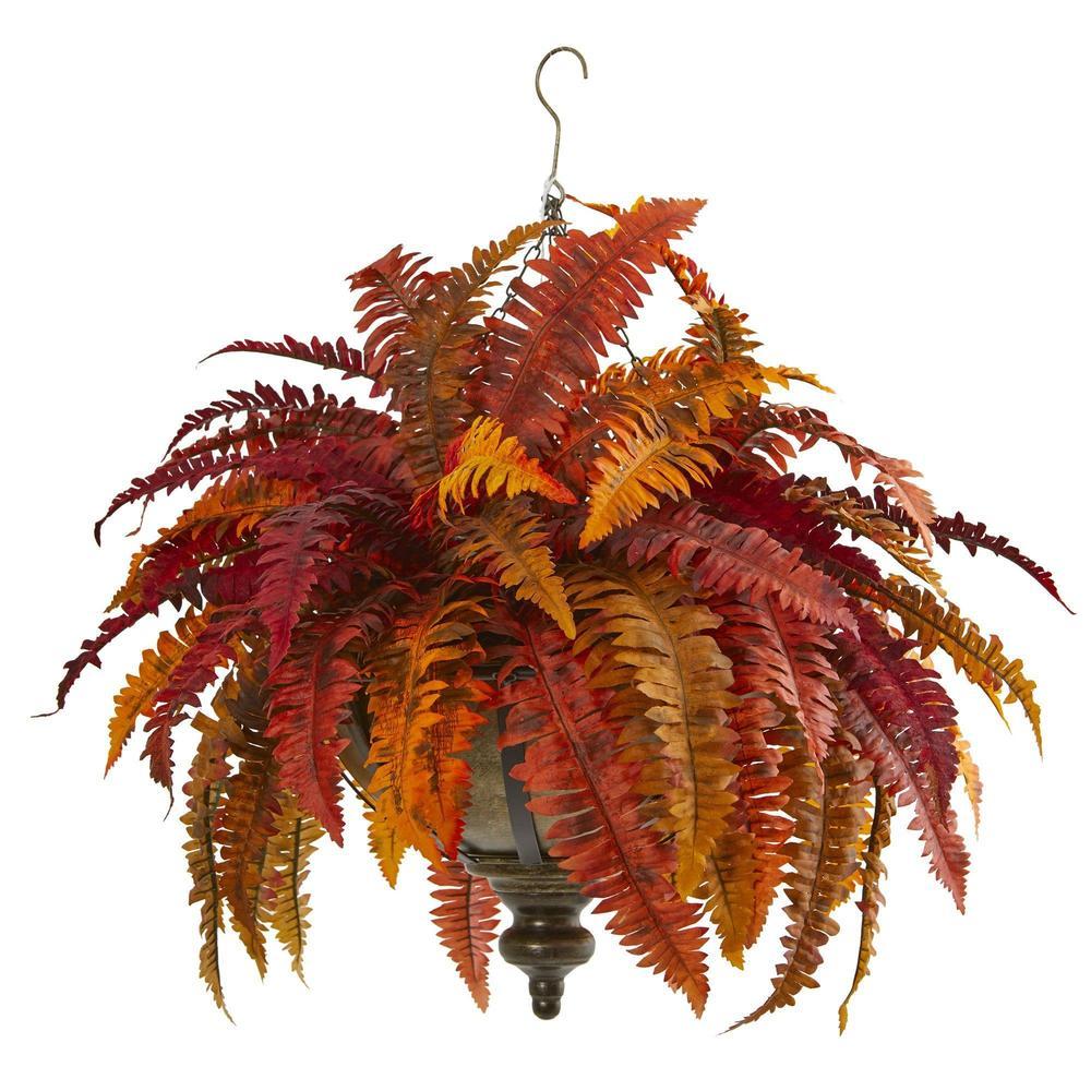 28"  Autumn Boston Fern Artificial Plant in Hanging Metal Bowl