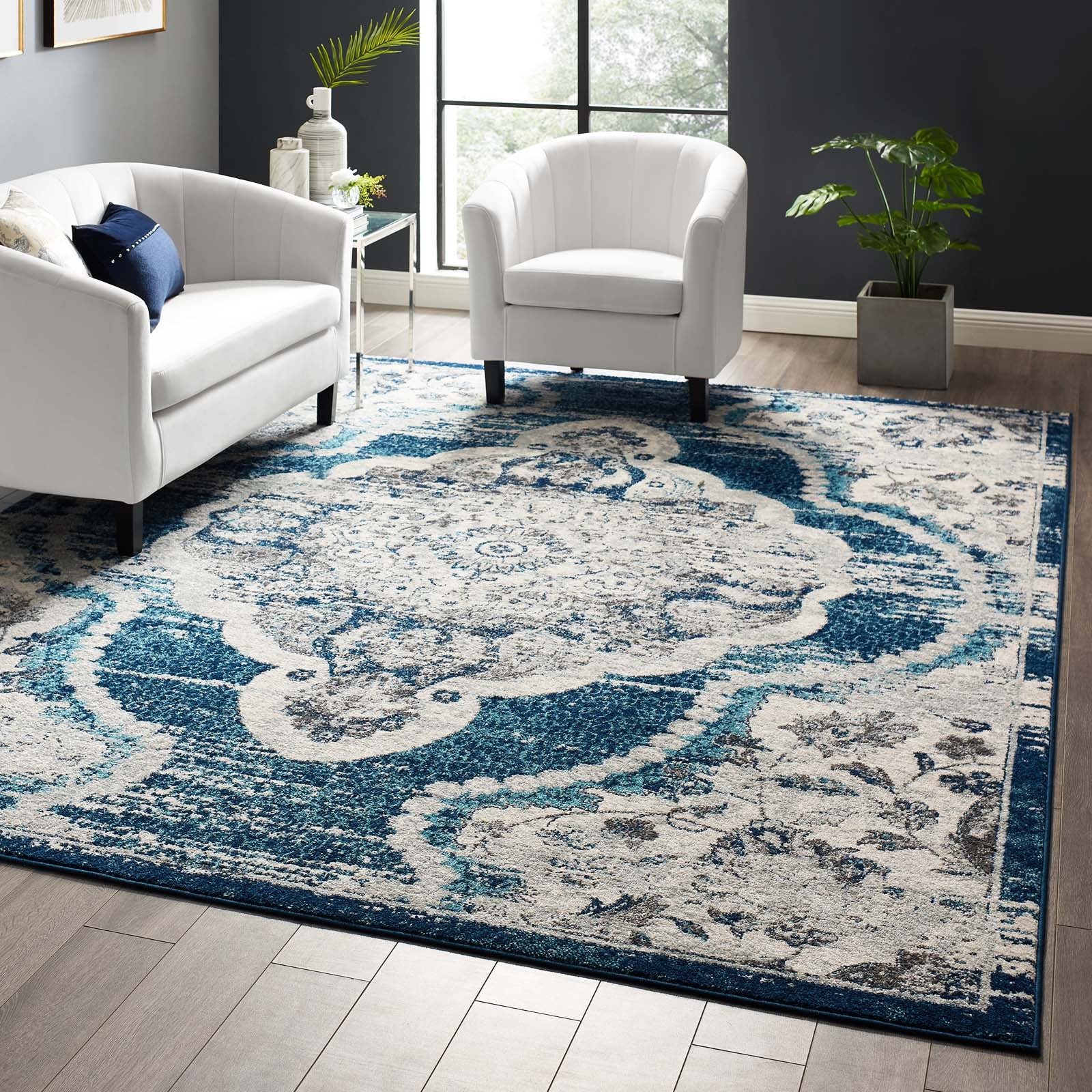 Entourage Malia Distressed Vintage Floral Vintage Medallion 8x10 Area Rug by Modway