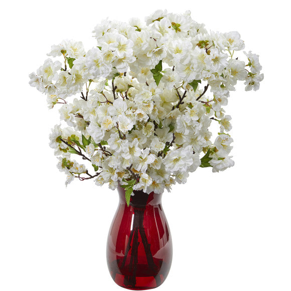 18" Cherry Blossom Artificial Arrangement in Ruby Vase
