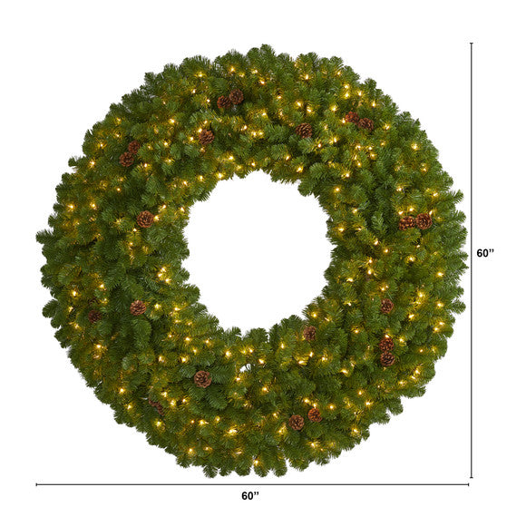 5' Giant Artificial Christmas Wreath with 280 Warm White Lights and Pine Cones