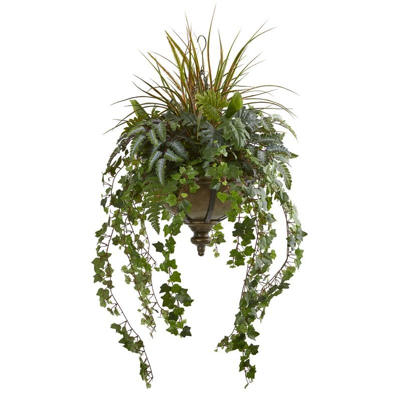 45"  Ivy and Mix Greens Artificial Plant in Hanging Metal Bowl