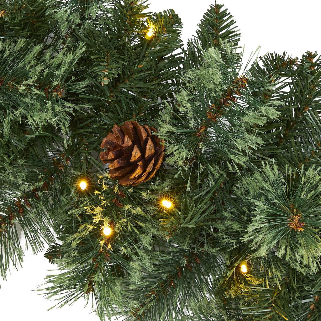6' White Mountain Pine Artificial Garland w/ 35 White Warm LED Lights/Pinecones
