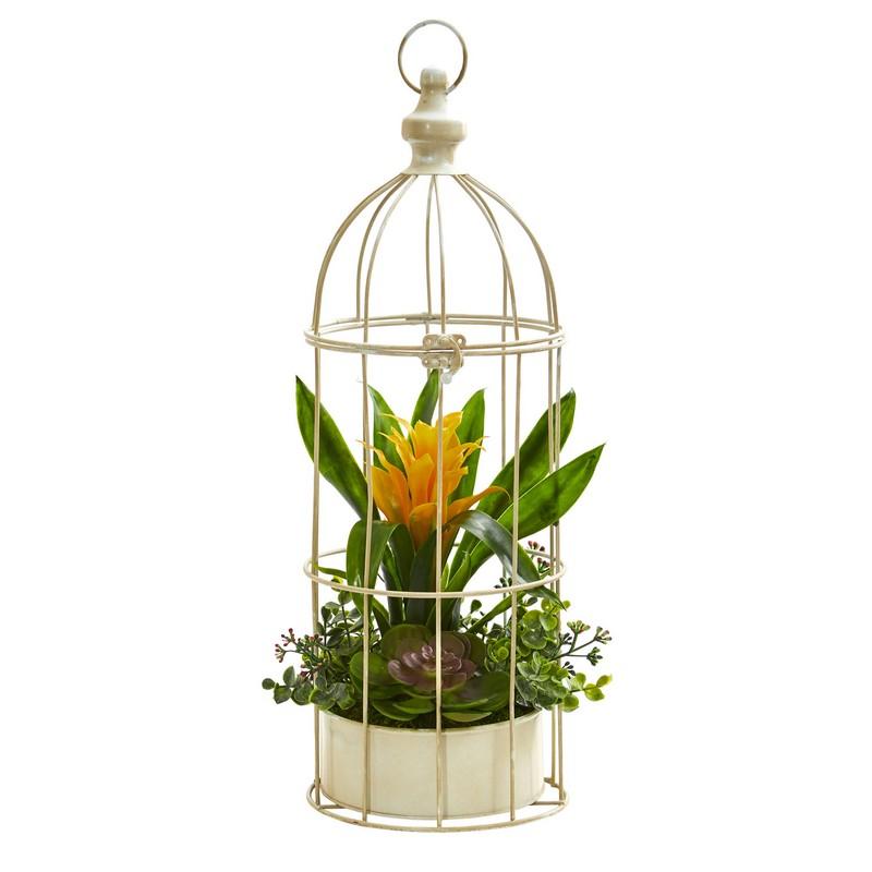 19"  Bromeliad & Succulent Artificial Arrangement in Bird Cage
