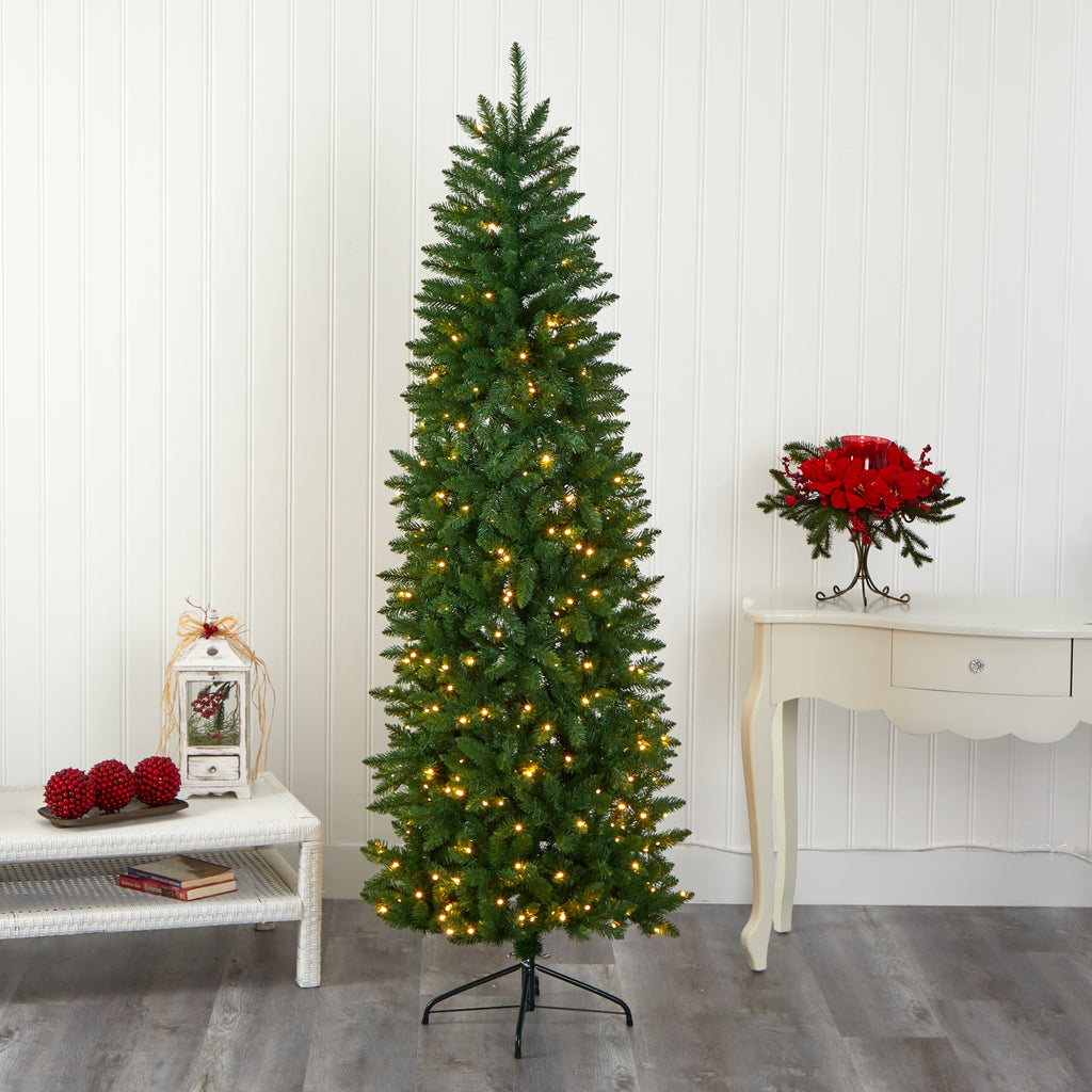 7' Slim Green Mountain Pine Artificial Christmas Tree with 300 Clear LED Lights