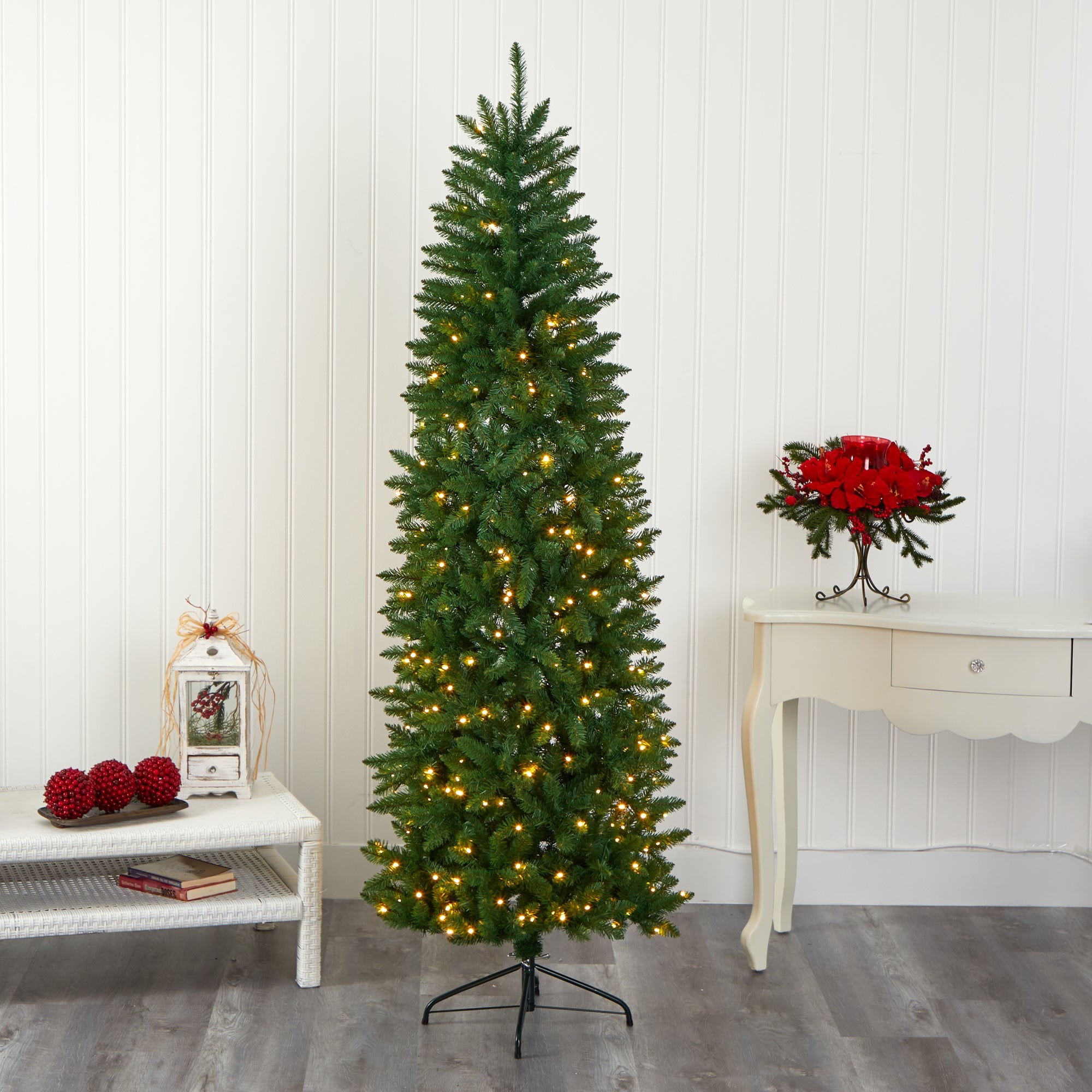 7' Slim Green Mountain Pine Artificial Christmas Tree with 300 Clear LED Lights