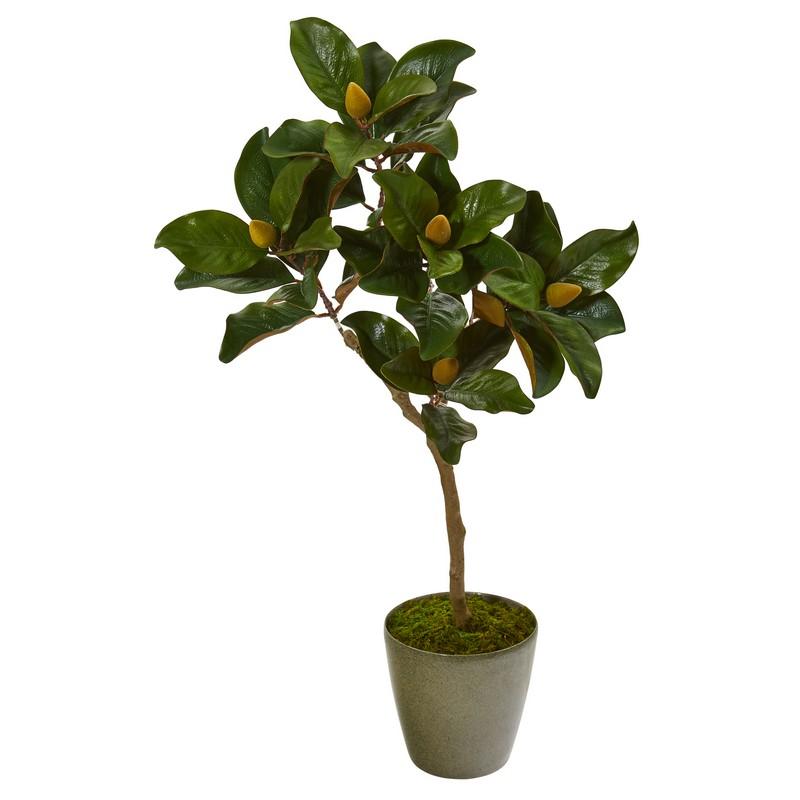 41" Magnolia Leaf Artificial Tree In Olive Green Planter 9655 By Nearly Natural