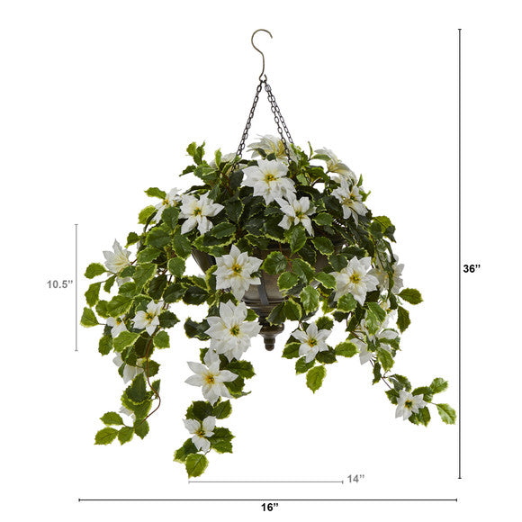 3' Poinsettia and Variegated Holly Artificial Plant in Metal Hanging Bowl