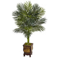 4.5' Golden Cane Palm Tree in Wooden Decorated Planter