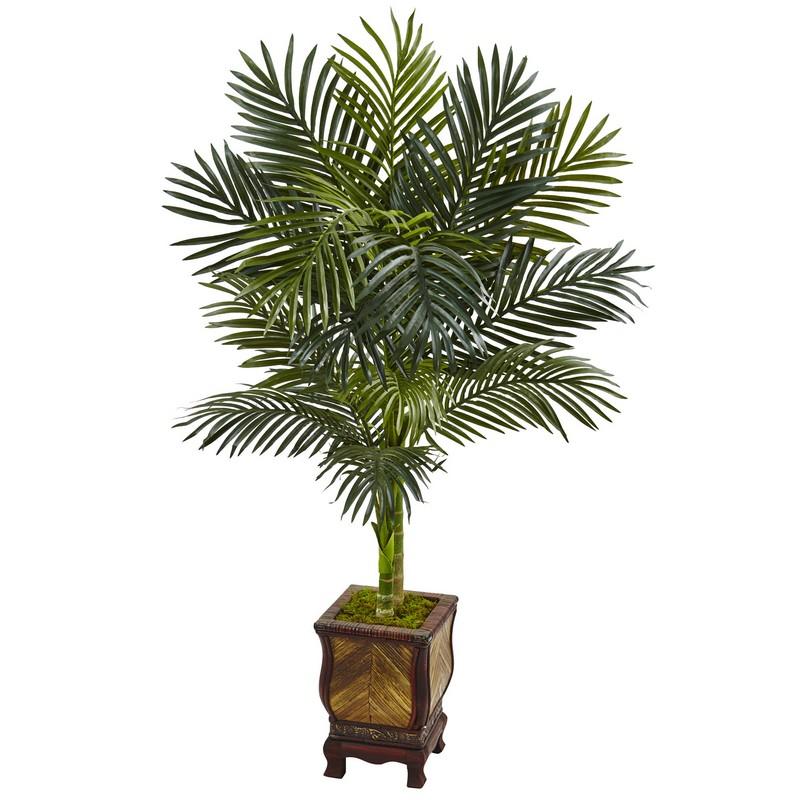 4.5' Golden Cane Palm Tree in Wooden Decorated Planter
