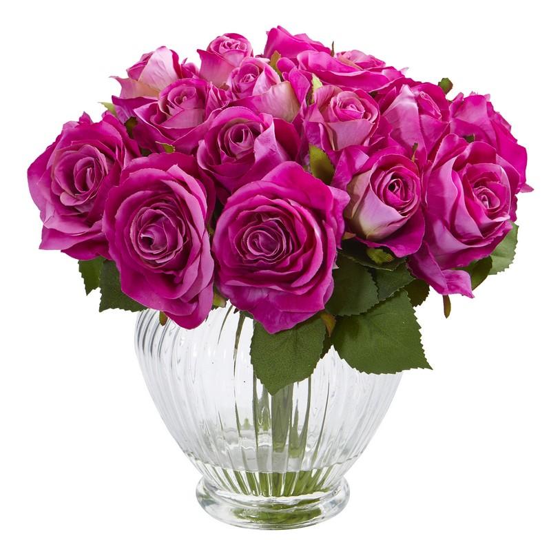 9"  Rose Artificial Floral Arrangement in Elegant Glass Vase