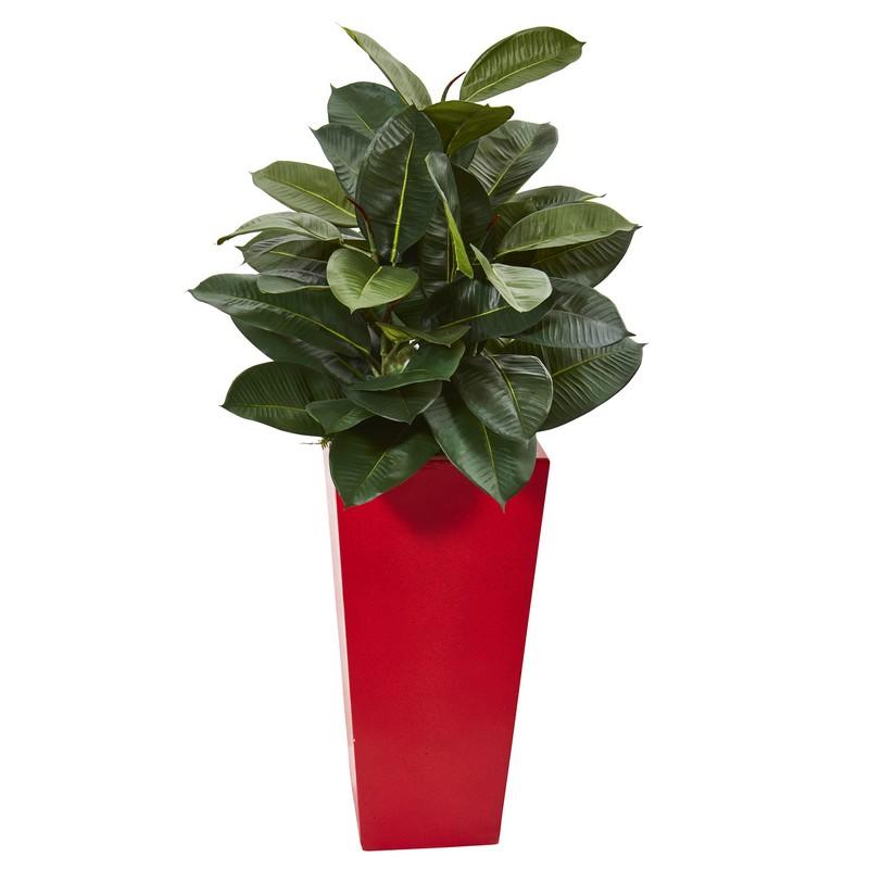 37" Artificial Rubber Plant In Red Tower Planter 9246 By Nearly Natural