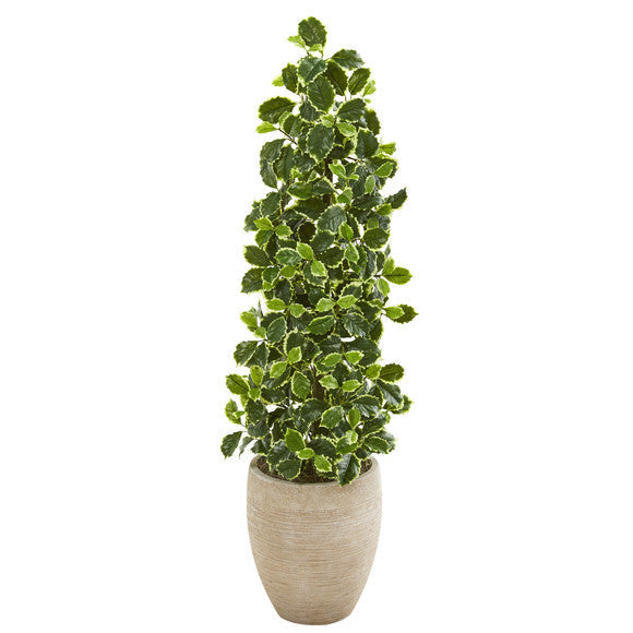 42" Variegated Holly Leaf Artificial Tree in Sand Colored Planter (Real Touch)