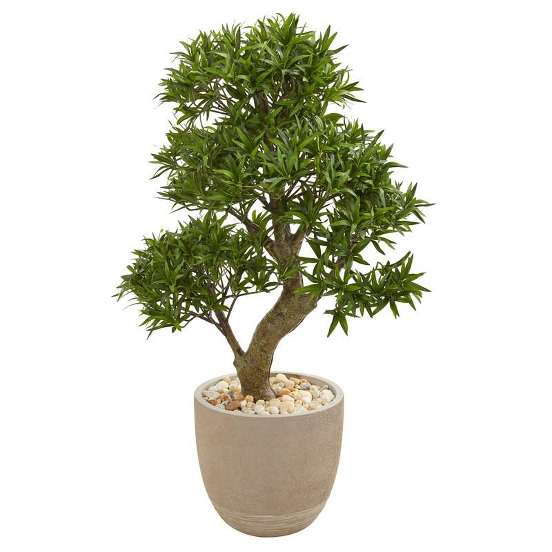 40" Podocarpus Artificial Bonsai Tree In Sandstone Planter