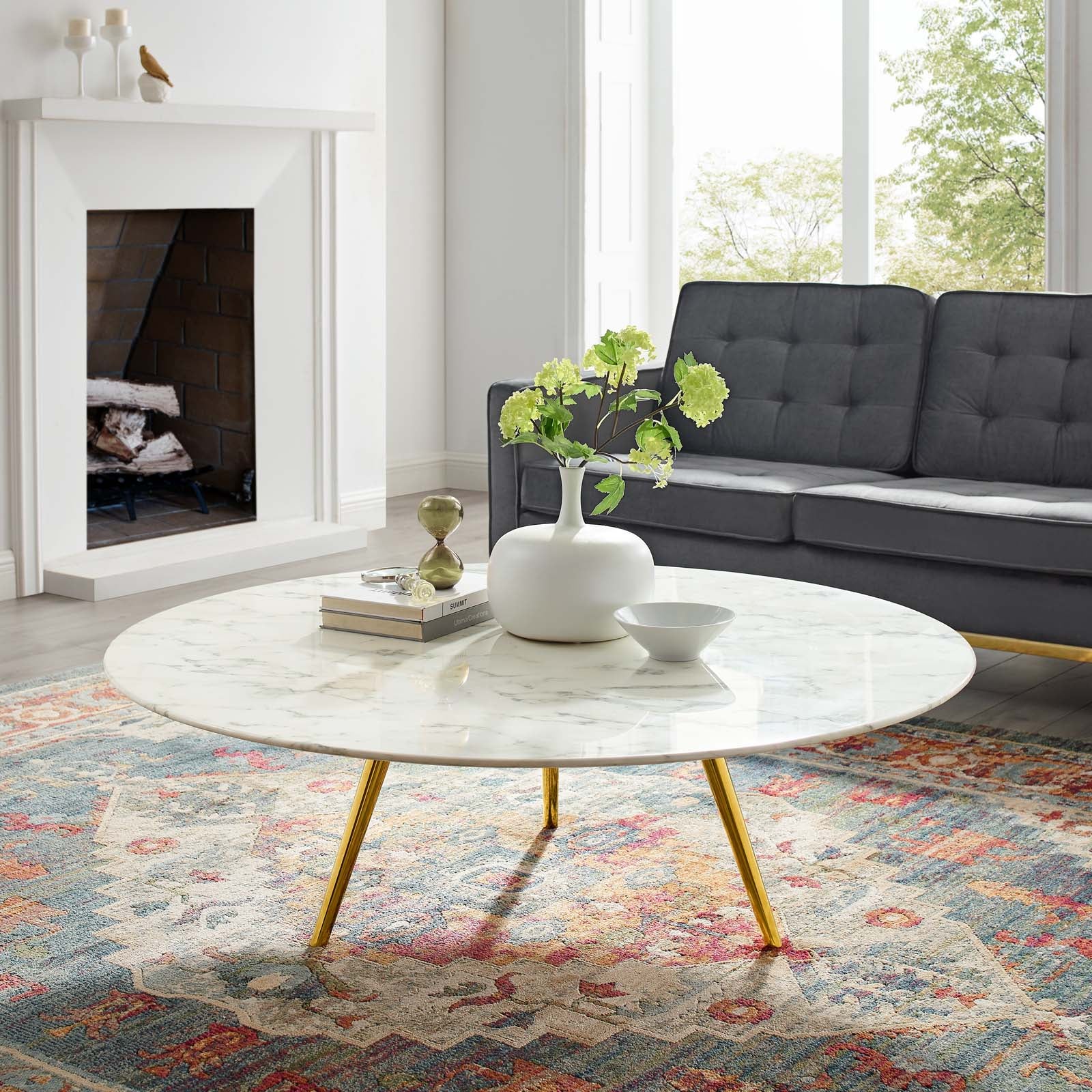 Lippa 48" Round Faux Marble Coffee Table with Tripod Base by Modway