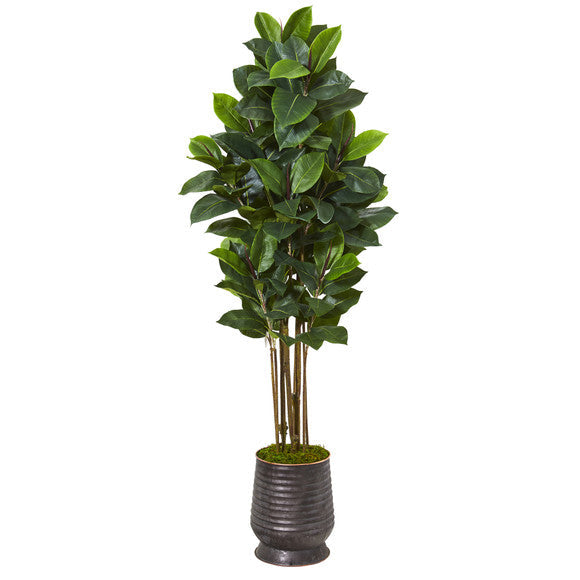 64" Rubber Leaf Artificial Tree in Ribbed Metal Planter