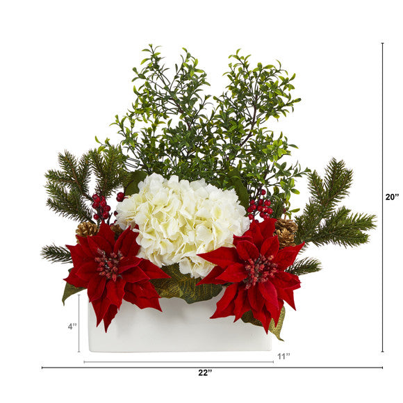 22" Poinsettia, Hydrangea and Boxwood Artificial Arrangement in White Vase