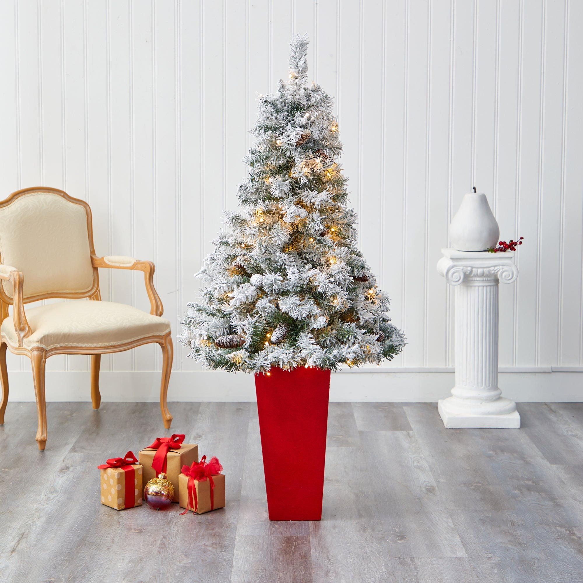 5' Flocked White River Mountain Pine Artificial Christmas Tree w/ Pinecones
