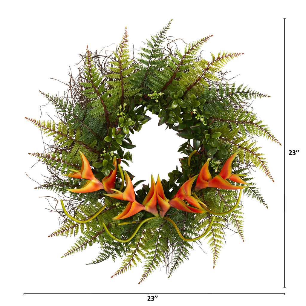 23" Assorted Fern and Mini Heliconia Artificial Wreath