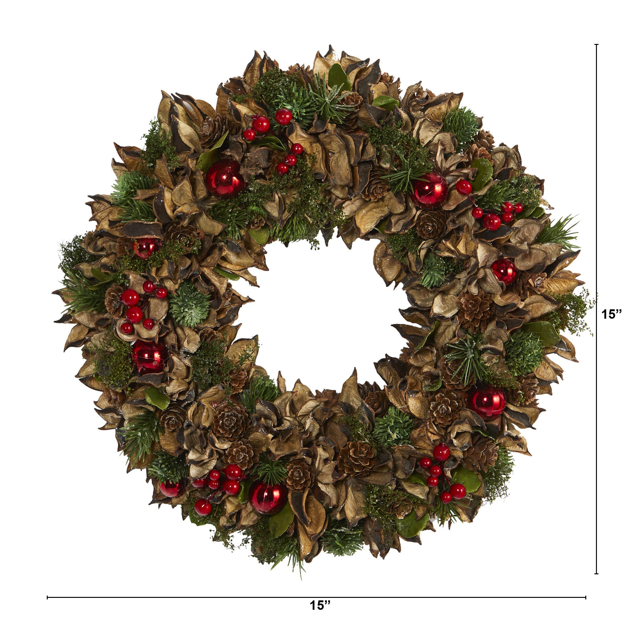 15" Holiday Artificial Wreath with Pine Cones and Ornaments