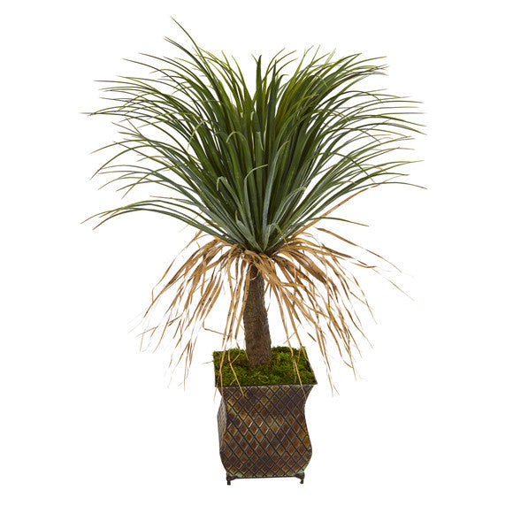 37" Pony Tail Palm Artificial Plant in Decorative Metal Planter