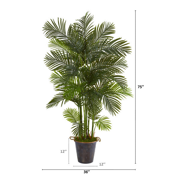 75" Areca Palm Artificial Tree in Decorative Metal Pail with Rope