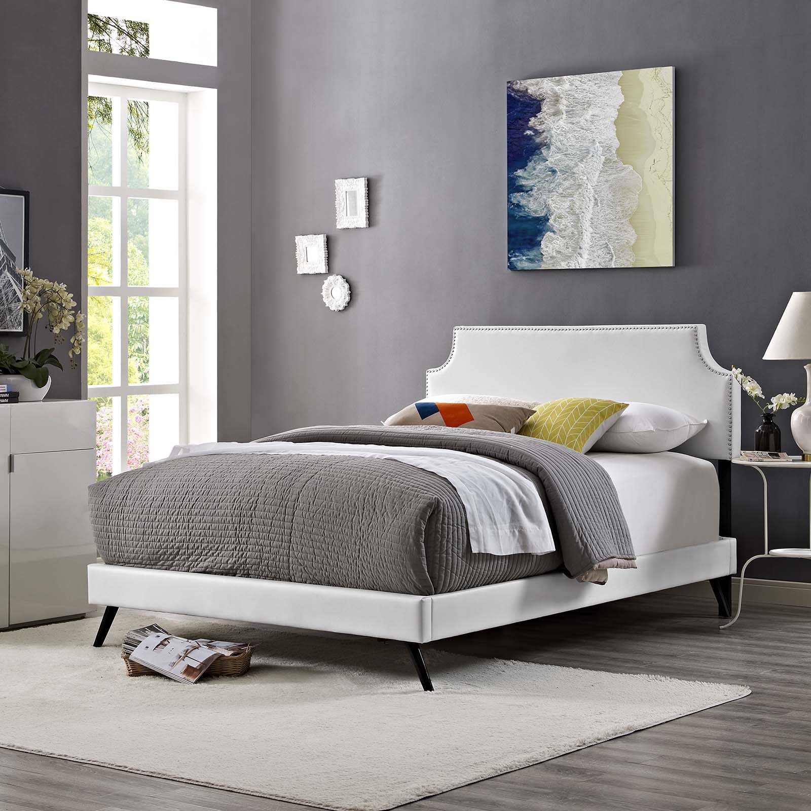 Corene Vinyl Full Platform Bed with Round Splayed Legs by Modway