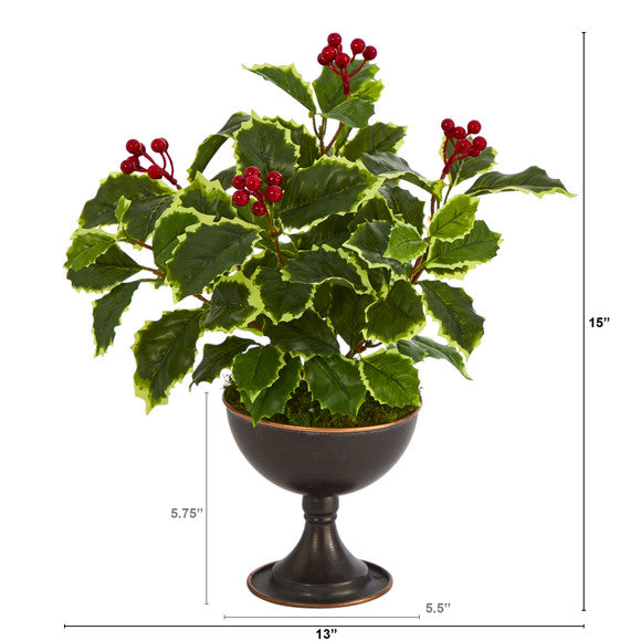 15" Variegated Holly Artificial Plant in Metal Chalice (Real Touch)