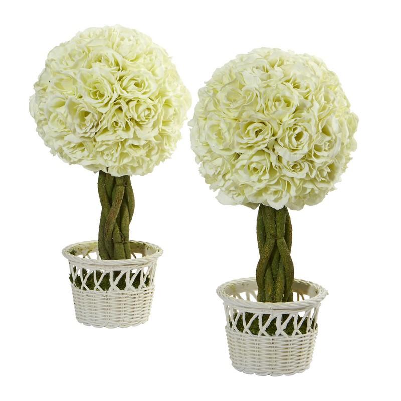 13" Rose Topiary in White Pot Artificial Plant (Set of 2)