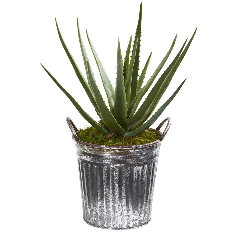 25"  Aloe Artificial Plant in Vintage Metal Bucket