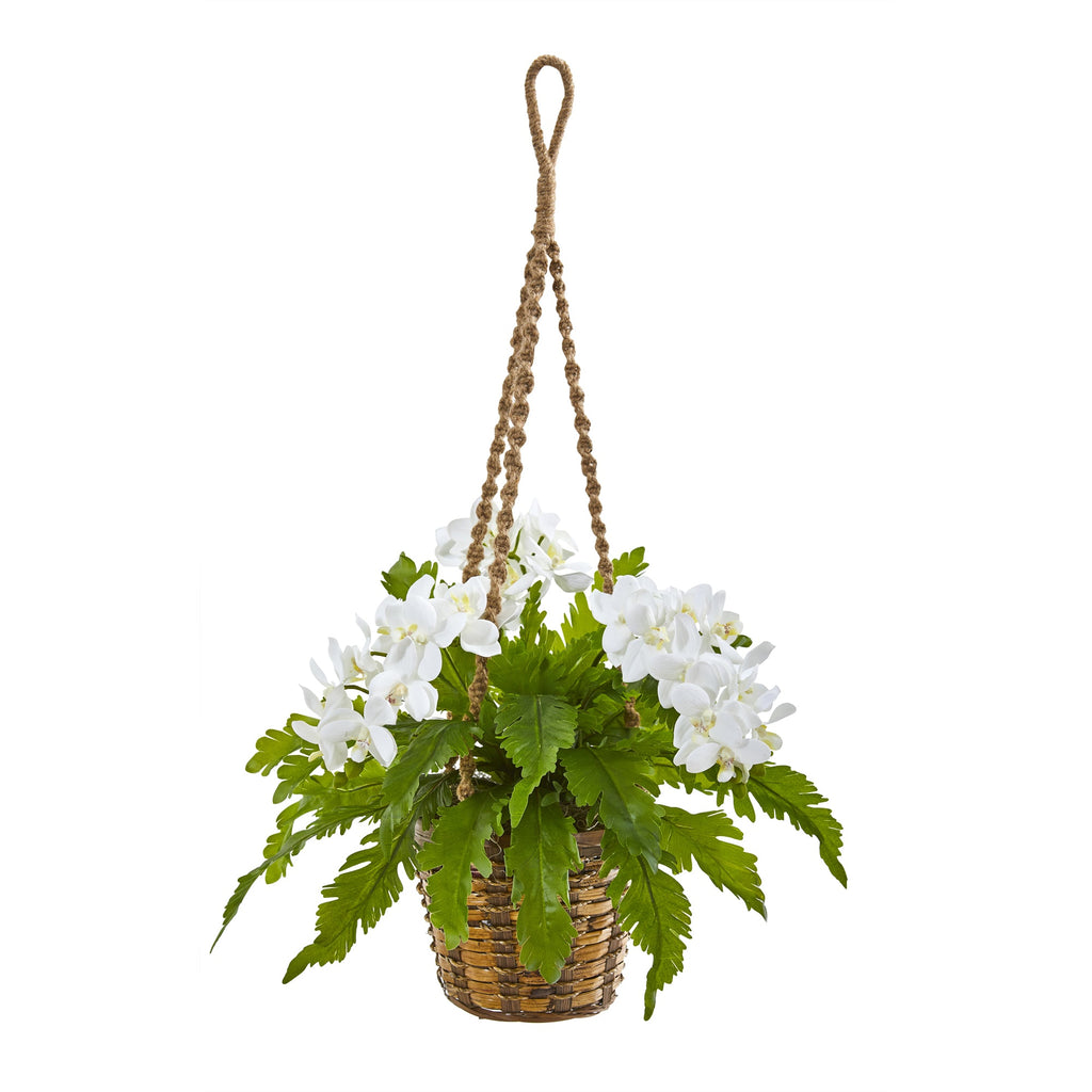 29" Phalaenopsis Orchid and Fern Artificial Plant in Hanging Basket