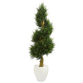 5' Cypress Spiral Artificial Tree in White Oval Planter UV Resistant