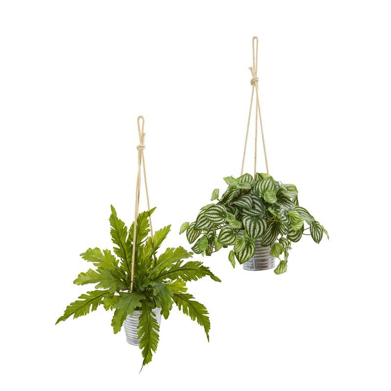 26"  Watermelon Peperomia and Fern Artificial Plant in Hanging Bucket (Set of 2)
