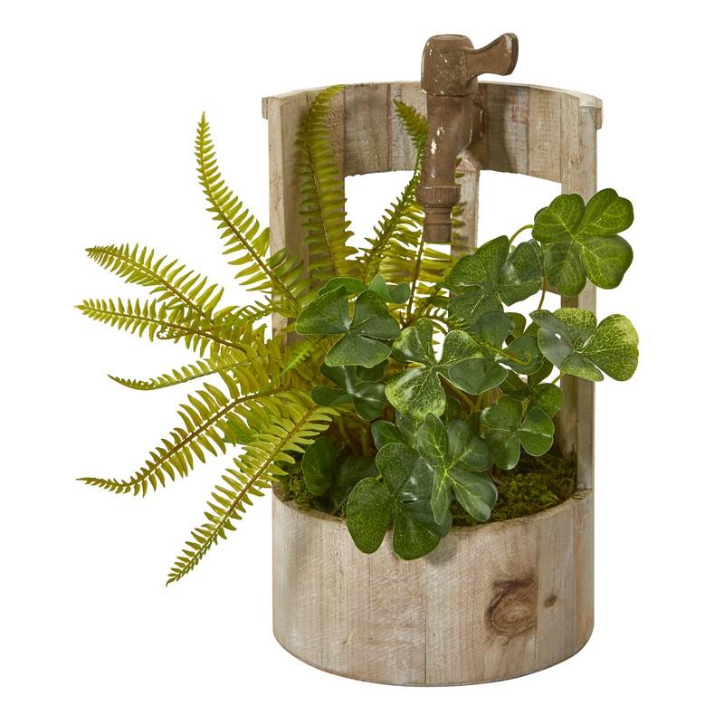 12"  Clover and Fern Artificial Plant in Faucet Planter