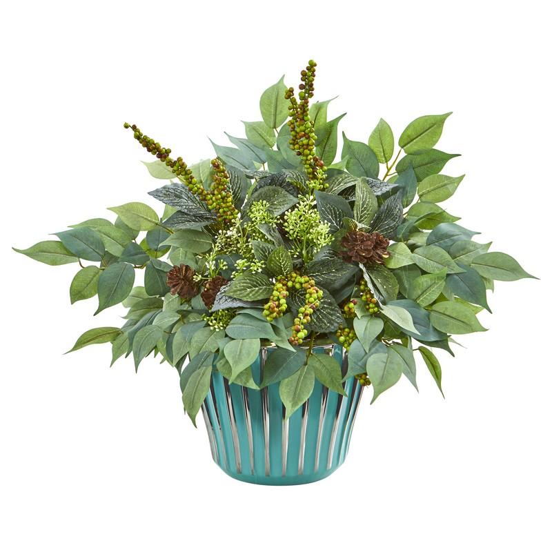 15"  Mixed Fittonia and Ficus Artificial Plant in Turquoise Vase