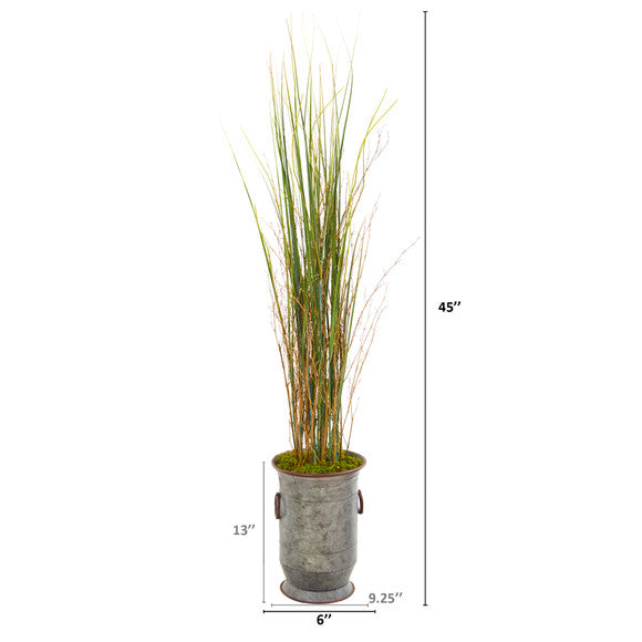 45" Grass and Bamboo Artificial Plant in Vintage Metal Planter